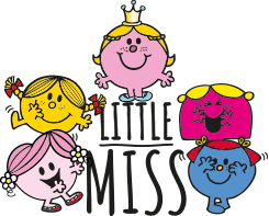 Personaggi Little Miss con scritta Little Miss al centro, su fondo lilla